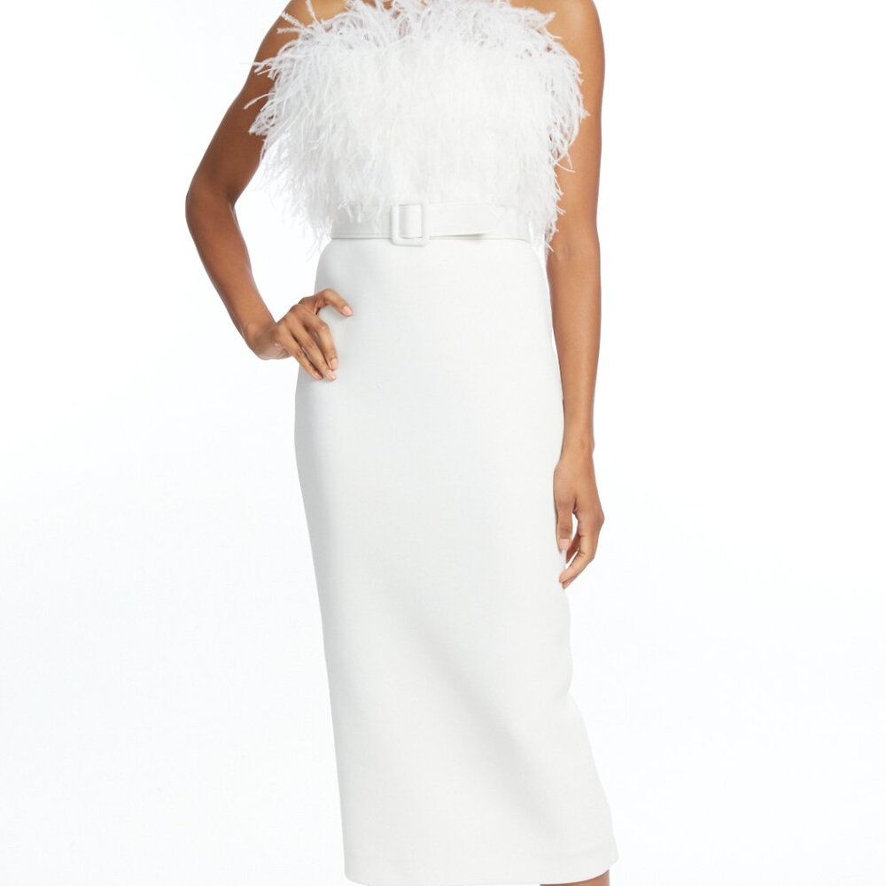 Badgley Mischka - Feather Belted Little White Midi Dress NWT